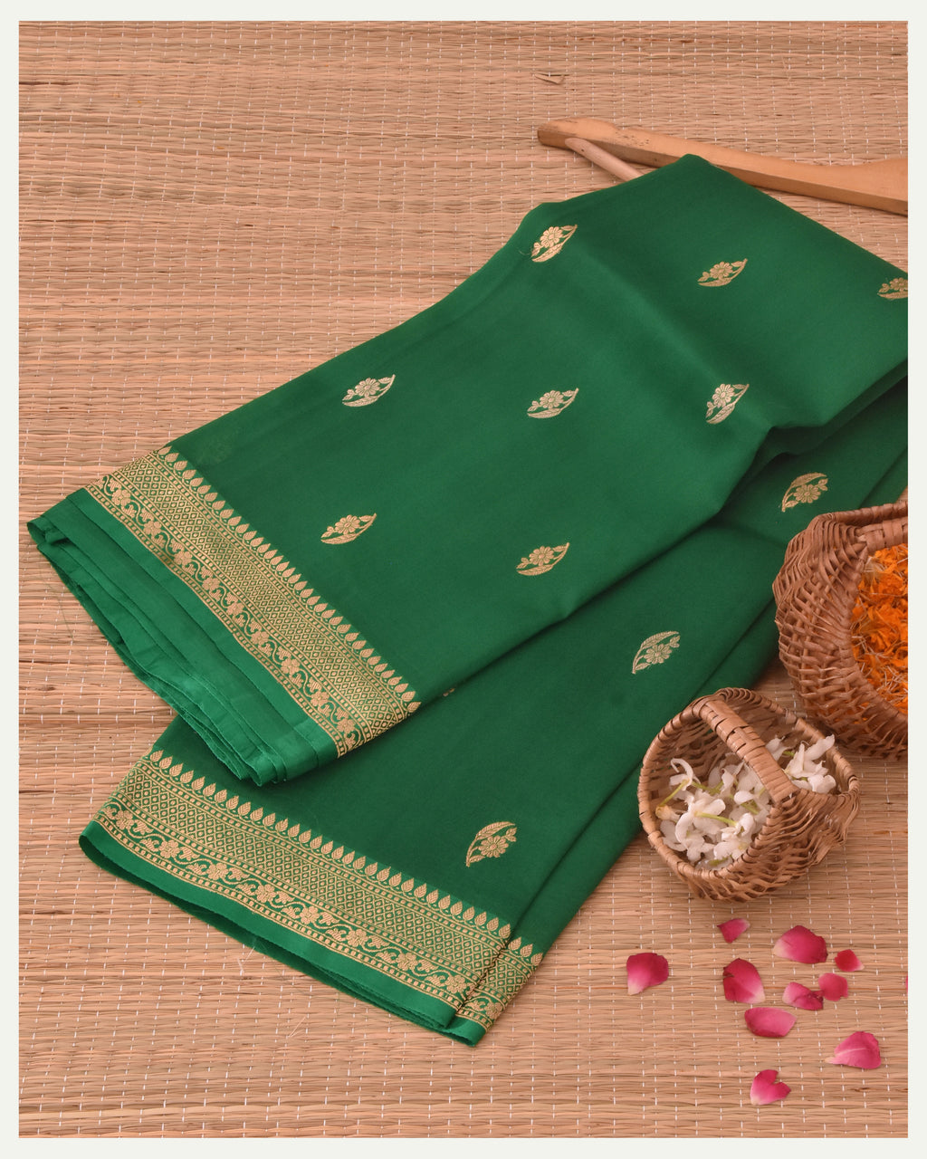 Emerald Green Pure Kora Silk Handloom Banarasi Saree