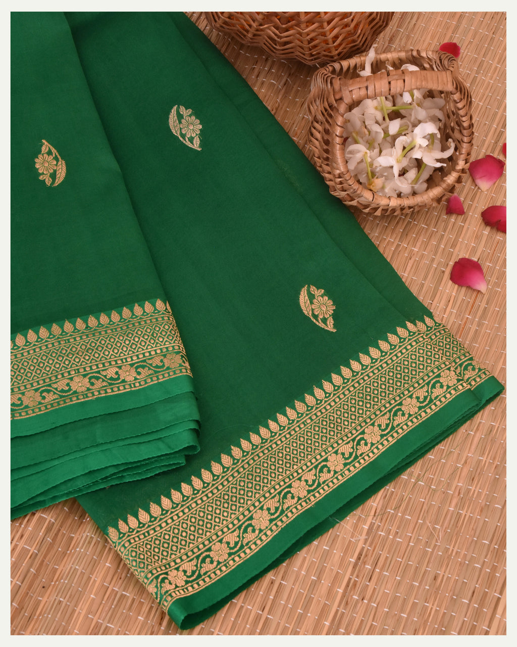 Emerald Green Pure Kora Silk Handloom Banarasi Saree