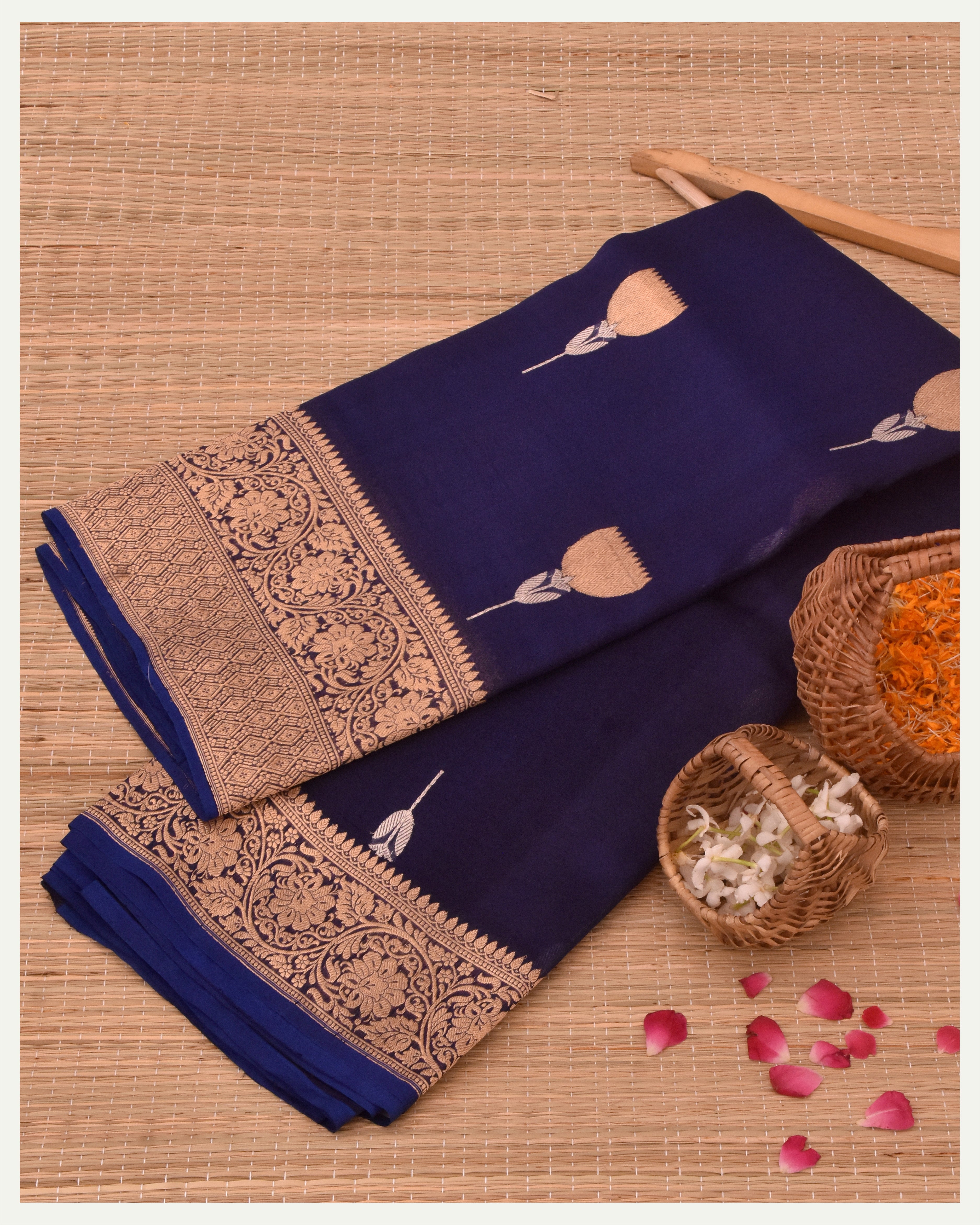 Navy Blue Pure Kora silk Handloom Banarasi Saree