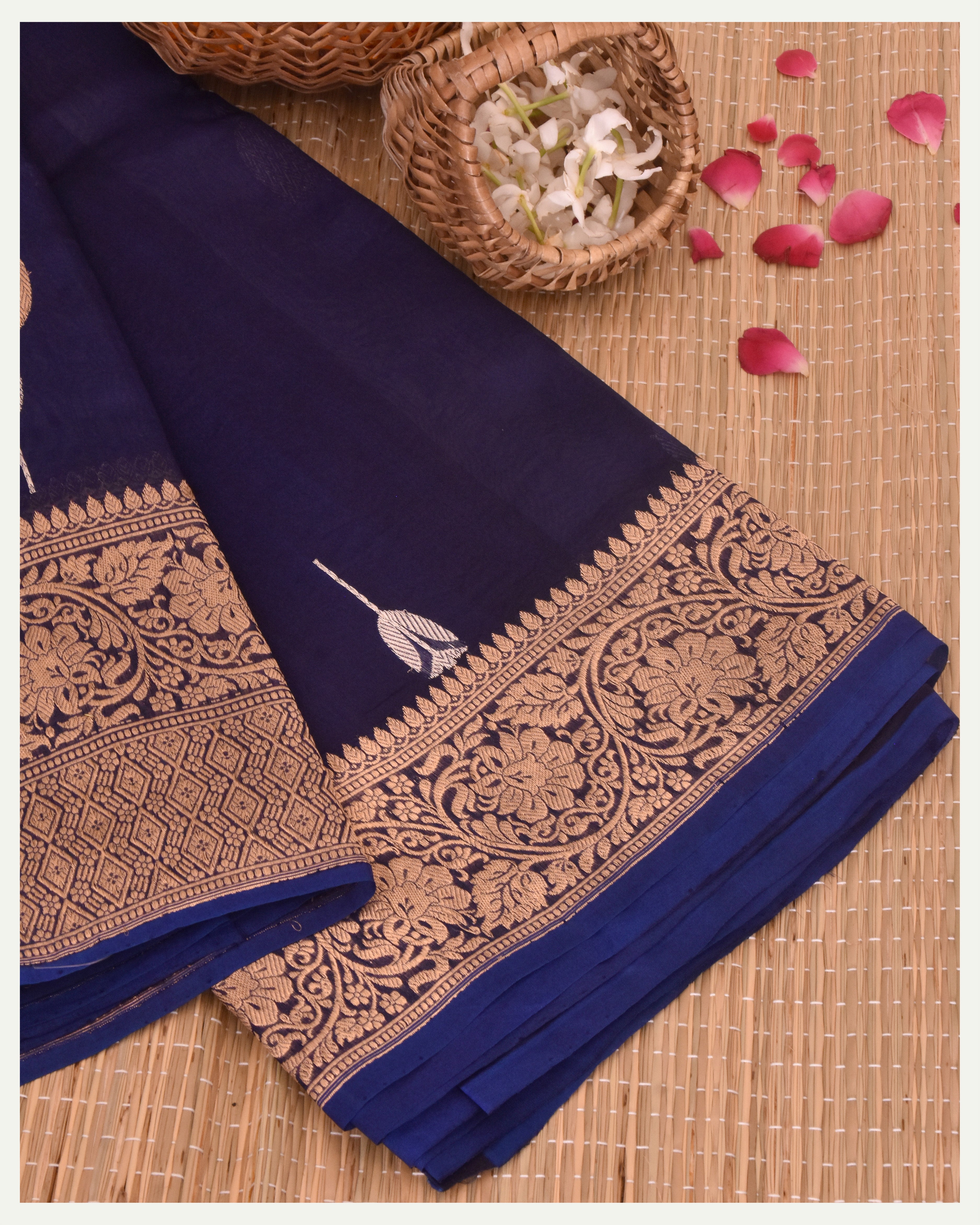 Navy Blue Pure Kora silk Handloom Banarasi Saree