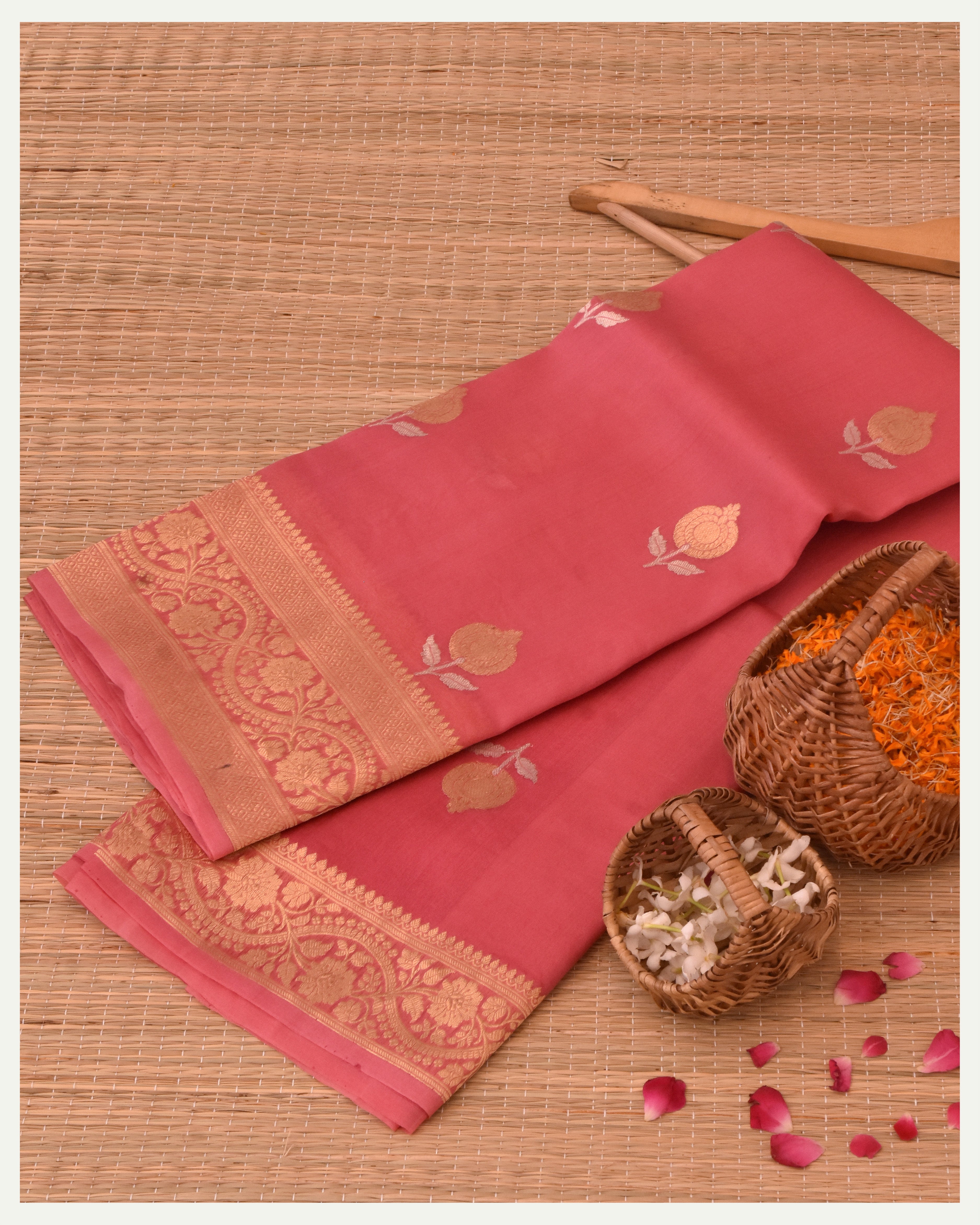 Peach Pure Banarasi Handloom Kora Silk Saree