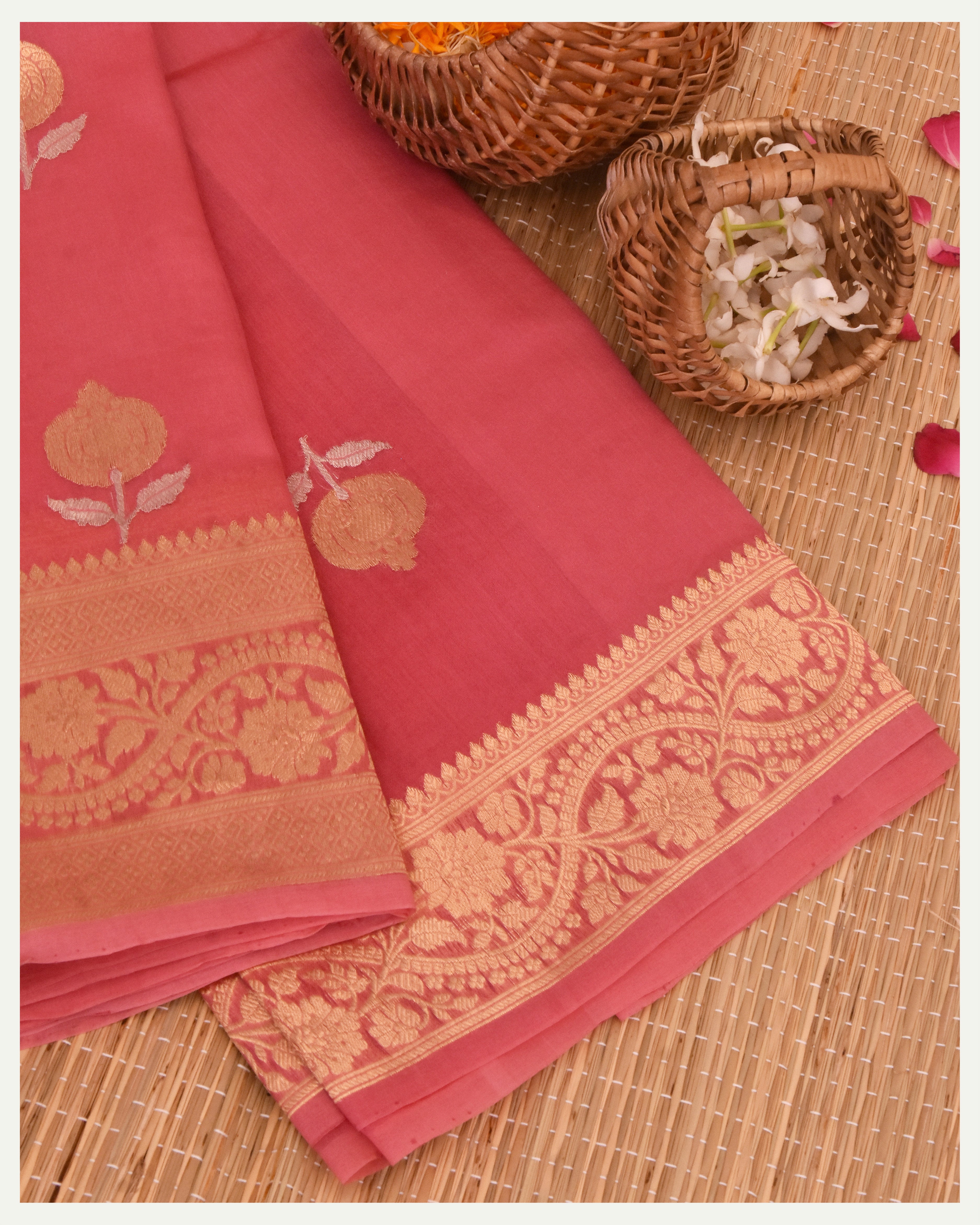 Peach Pure Banarasi Handloom Kora Silk Saree