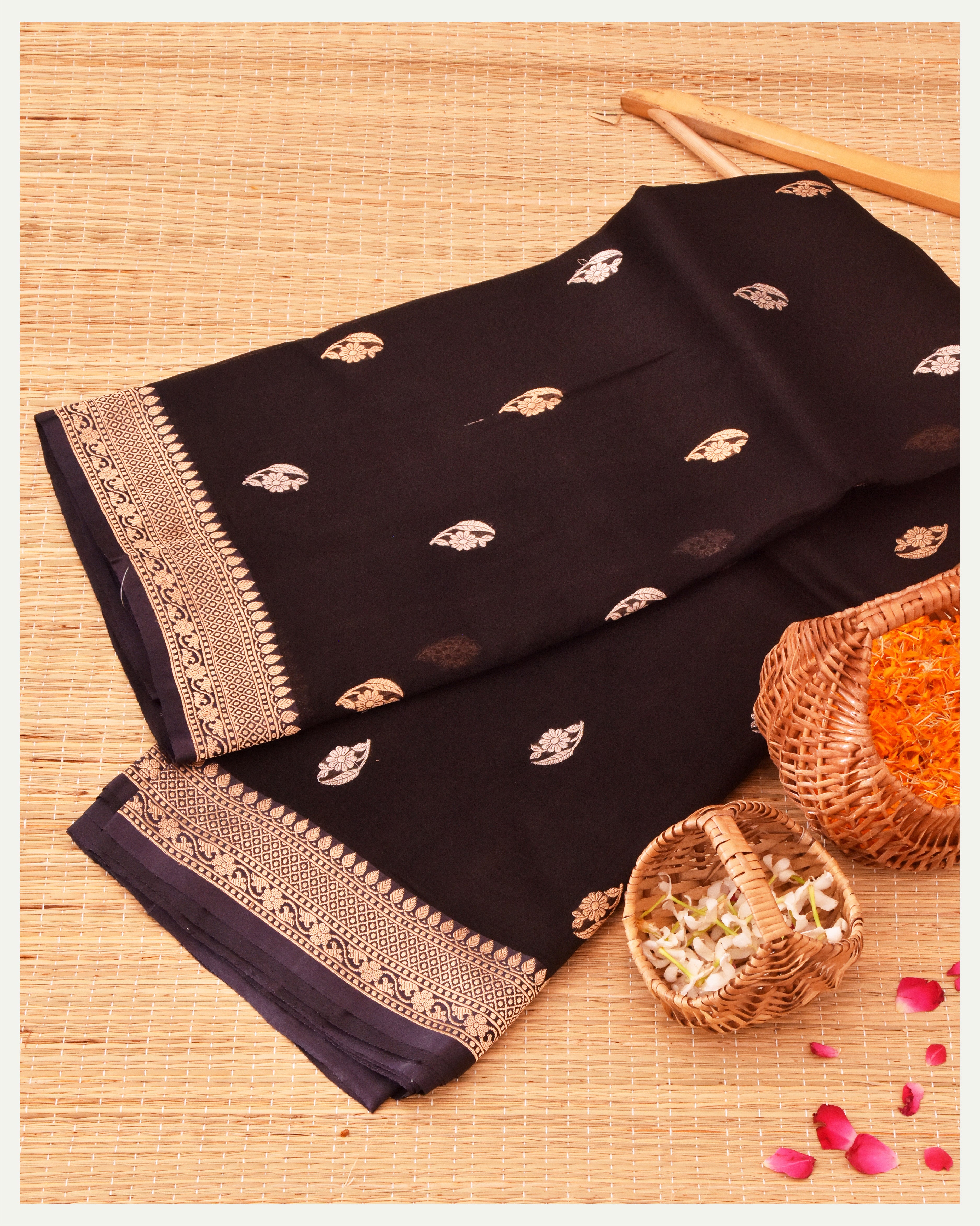 Black Pure Kora silk Handloom Banarasi Saree