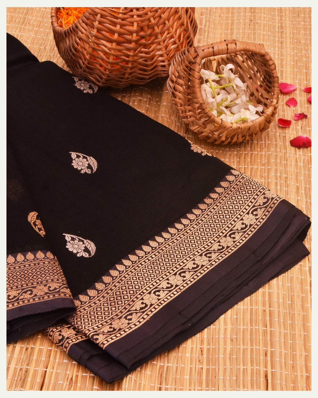 Black Pure Kora silk Handloom Banarasi Saree