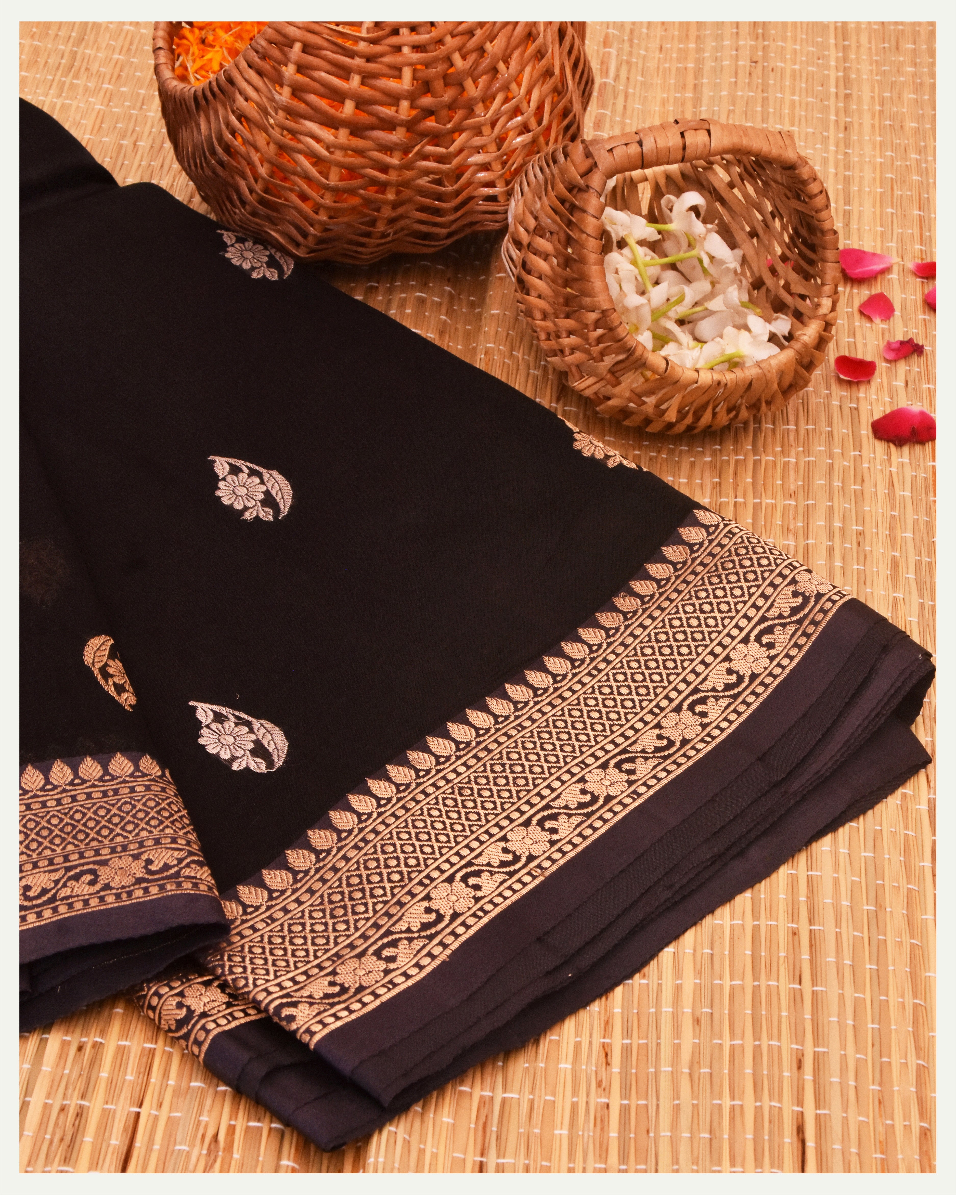 Black Pure Kora silk Handloom Banarasi Saree