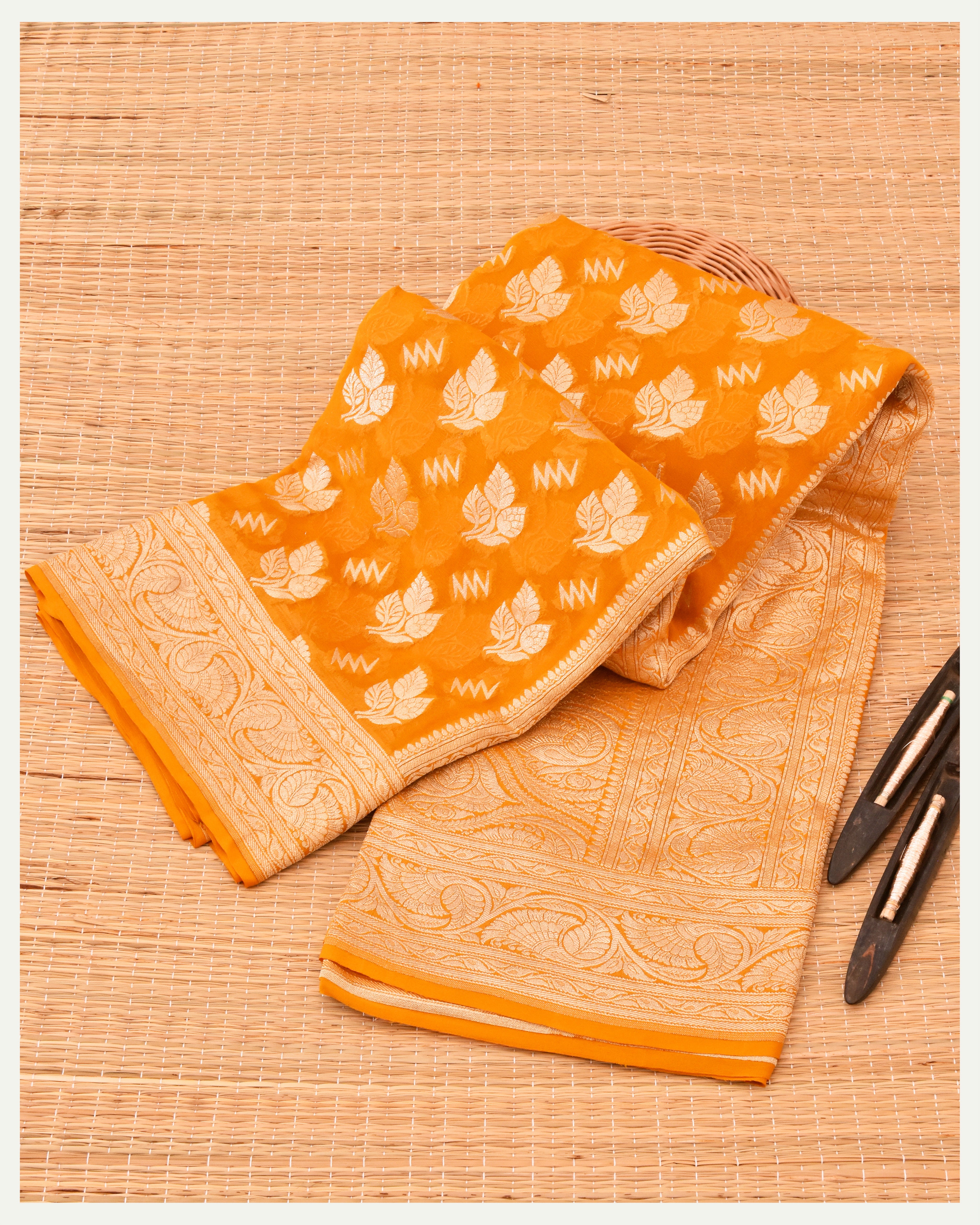 Yellow Pure Khaddi Georgette Handloom Banarasi Silk Saree