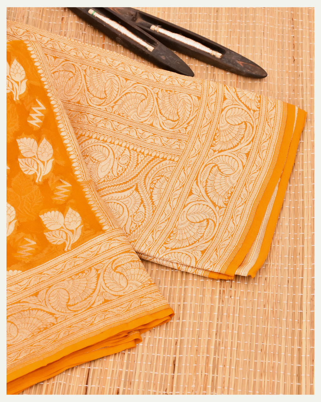 Yellow Pure Khaddi Georgette Handloom Banarasi Silk Saree