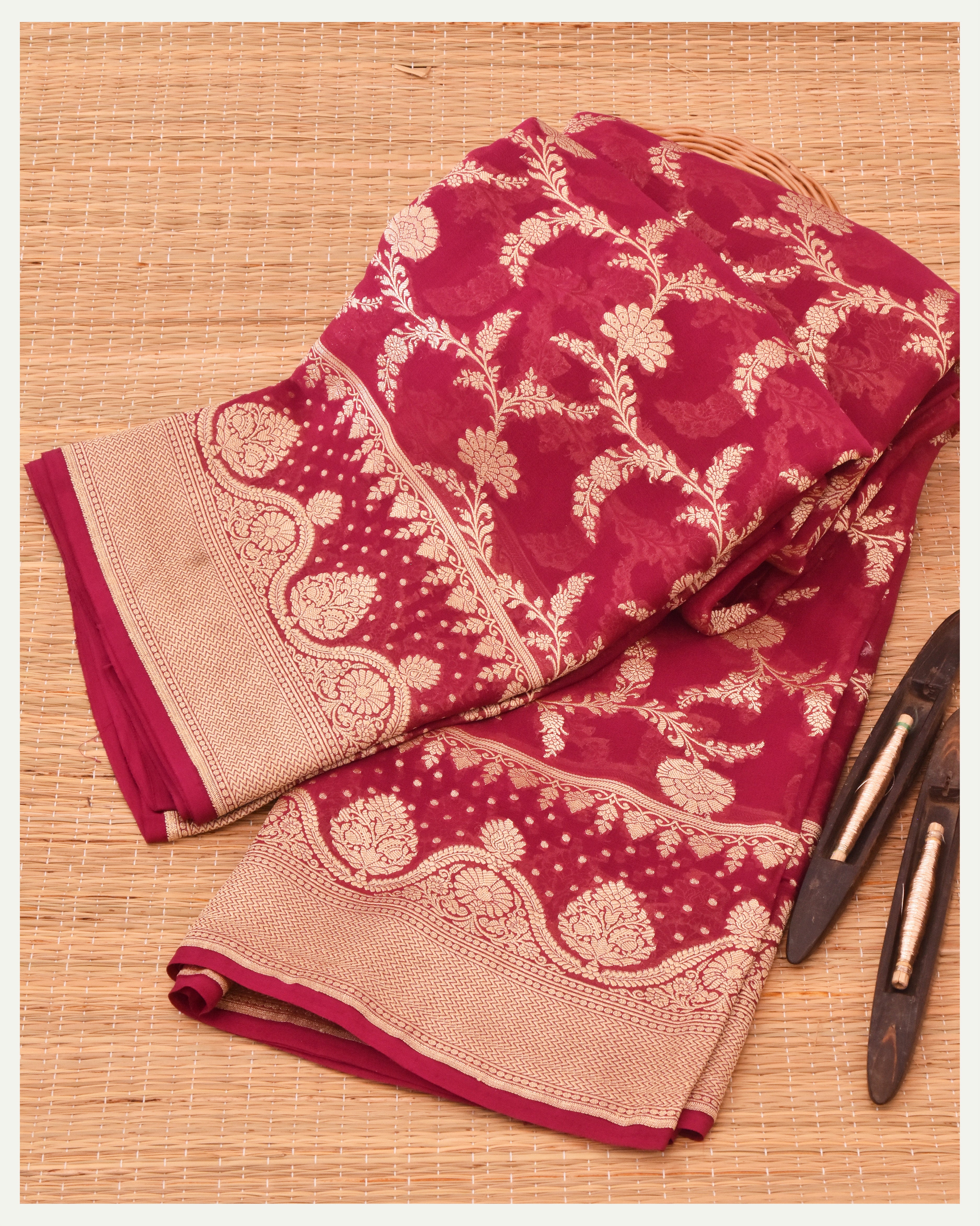 Maroon Pure Khaddi Georgette Handloom Banarasi Saree