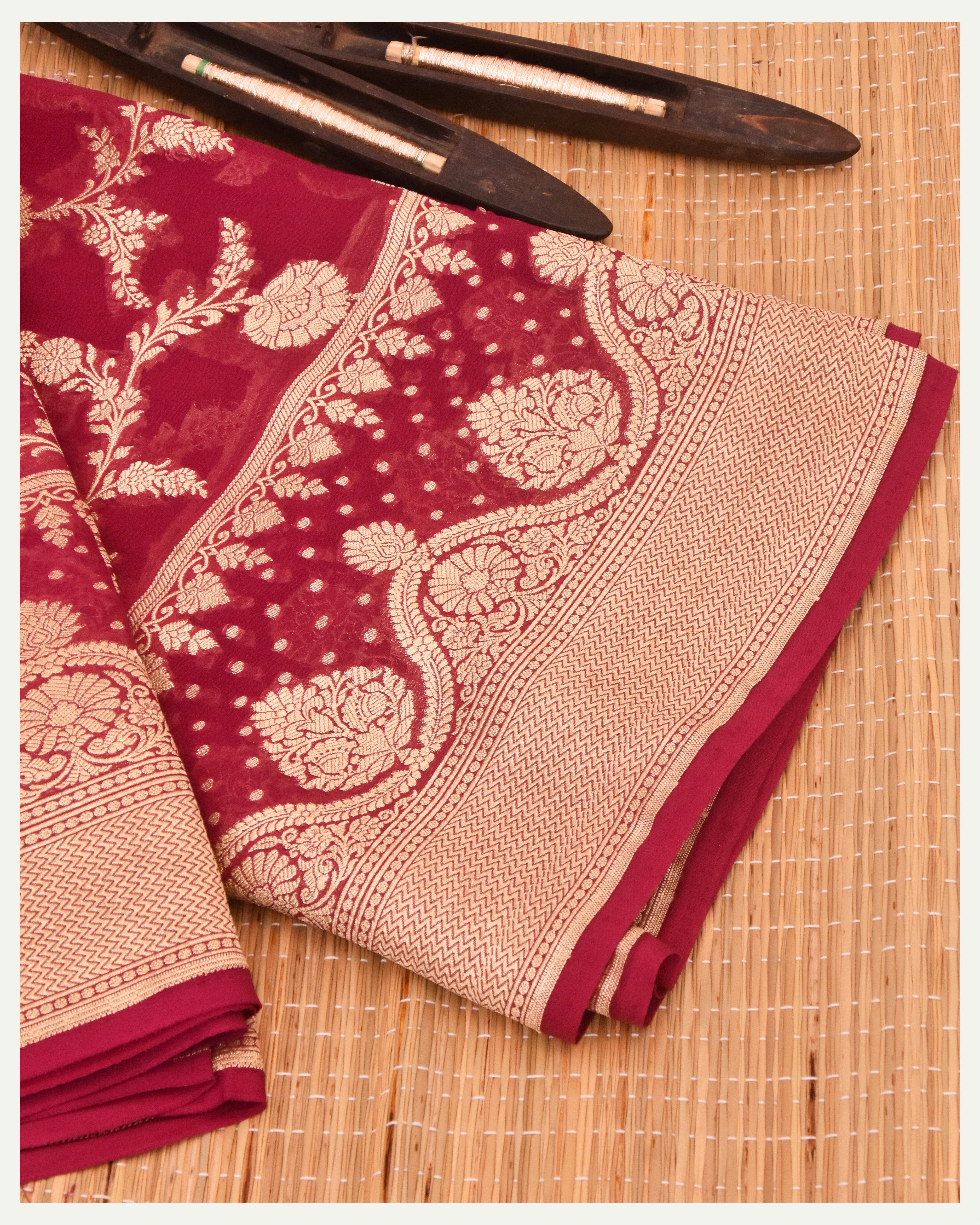 Maroon Pure Khaddi Georgette Handloom Banarasi Saree